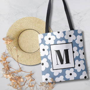 Retro White Flowers Custom Monogram Tote Bag