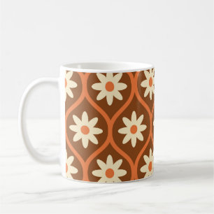 Retro White Flowers on Brown Vintage Ogee Coffee Mug
