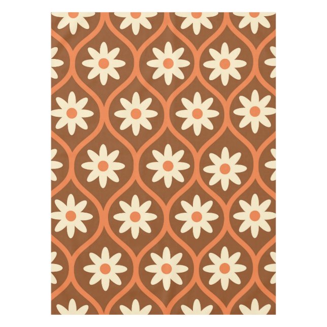 Retro White Flowers on Brown Vintage Ogee  Tablecloth (Front)