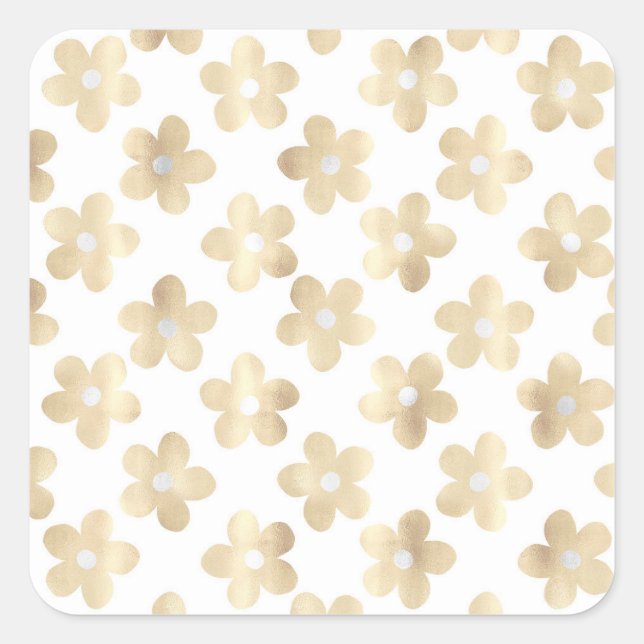 Retro White Gold Daisy Flowers Square Sticker (Front)