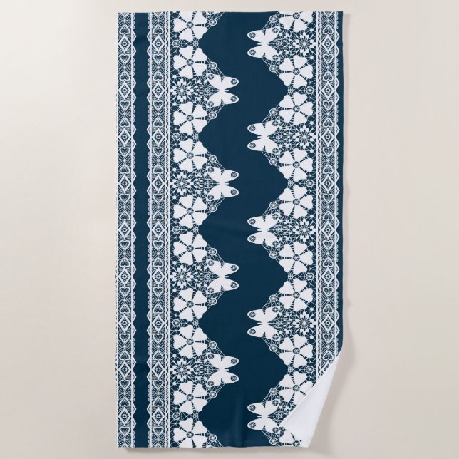 Retro white lace with butterflies on a dark blue b beach towel (Front)