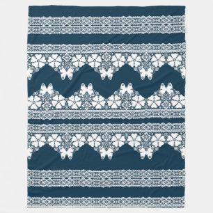 Retro white lace with butterflies on a dark blue b fleece blanket