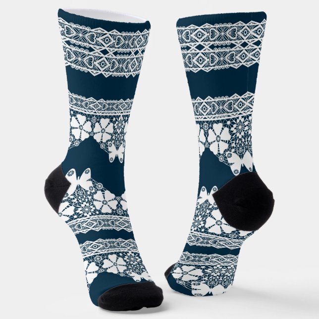 Retro white lace with butterflies on a dark blue b socks (Angled)