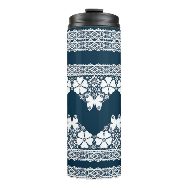 Retro white lace with butterflies on a dark blue b thermal tumbler (Front)