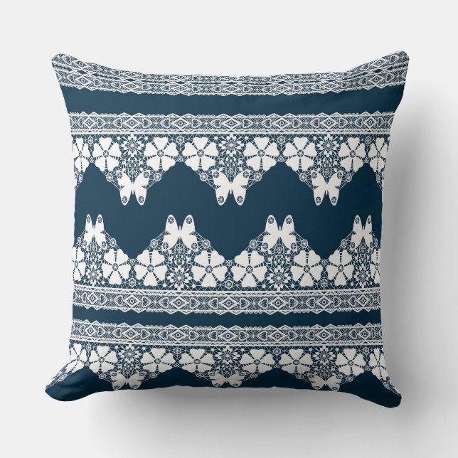 Retro white lace with butterflies on a dark blue b throw pillow (Front)