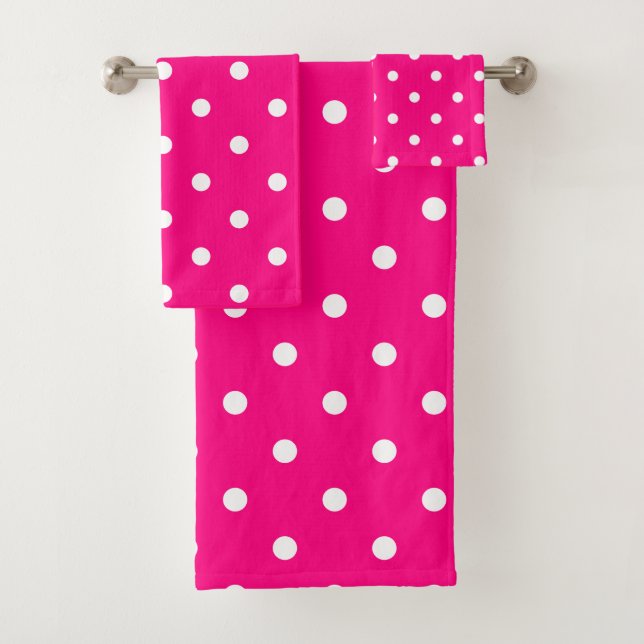 Retro White Polka Dots On A Hot Pink Background Bath Towel Set (Insitu)