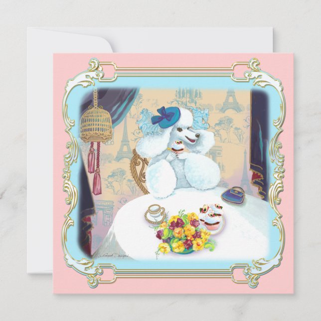 Retro White Poodle Cupcake Tea Party Invitation (Front)