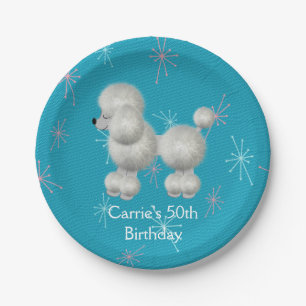 Retro White Poodle Custom Birthday Paper Plates