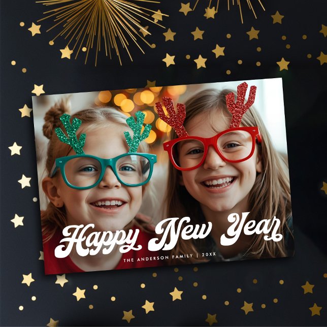 Retro White Script  Happy New Year One Photo Holiday Card (Creator Uploaded)