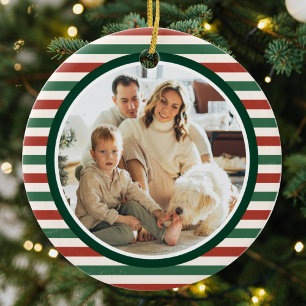 Retro White Stripes Family Photo Merry Christmas Ceramic Ornament