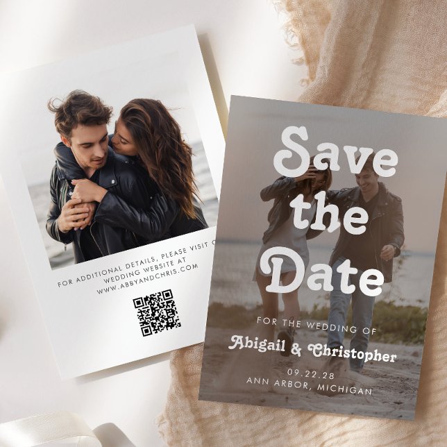 Retro White Text Overlay 2 Photo QR Code Wedding Save The Date (Creator Uploaded)