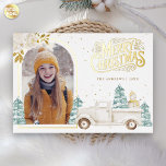 Retro White Truck Snowman Christmas Photo Gold Foil Holiday Card<br><div class="desc">Amaze your guests with this elegant woodland theme winter Christmas card featuring a cute white truck and adorable snowman with real gold foil elements.  Simply add your text on this easy-to-use template and adorn this card with your favourite photo to make it a one-of-a-kind holiday card.</div>