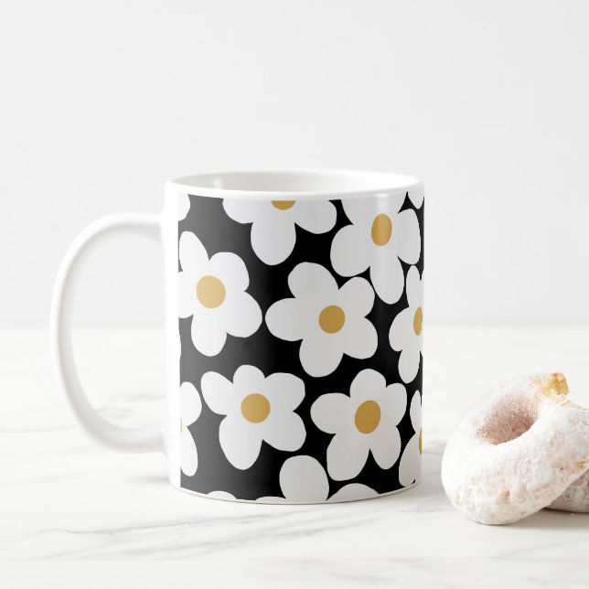 Retro White Yellow Big Daisy Flowers Black Design Coffee Mug (With Donut)