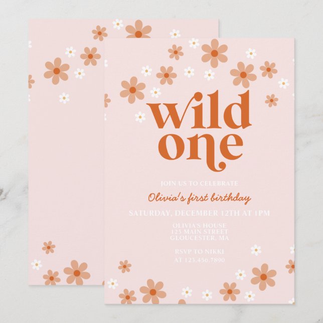 Retro wild one daisy boho first birthday invitation (Front/Back)