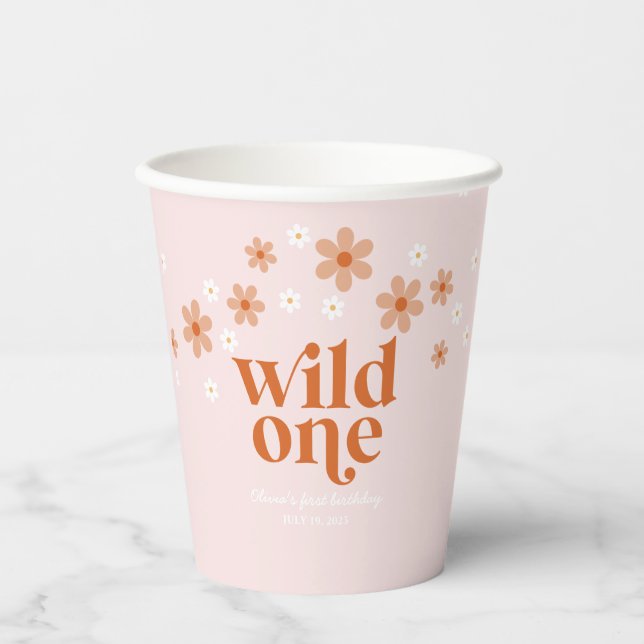 Retro wild one daisy boho first birthday paper cups (Front)
