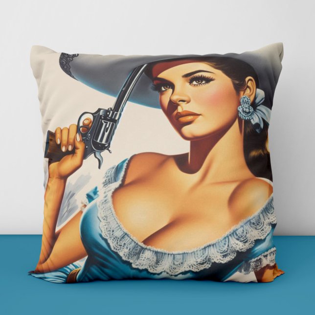 Retro Wild West Pin-up Throw Pillow (Creator Uploaded)