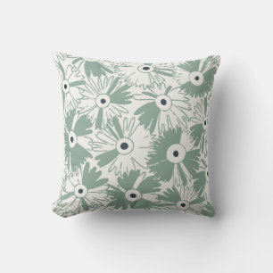Retro Wildflower & Diamond Grid Reversible Sage Throw Pillow