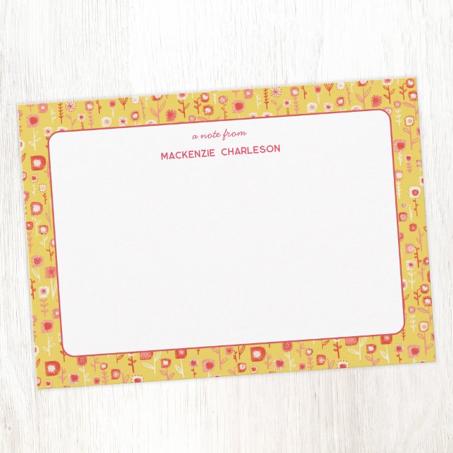Retro Wildflower Fun Personalized Card (Fun retro pink and yellow flowers personalized stationery notecards)