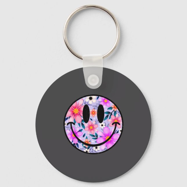 Retro Wildflower Smile Face Floral Lover Happy Fac Keychain (Front)