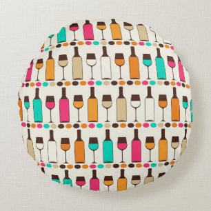 Retro wine bottles and glasses round pillow