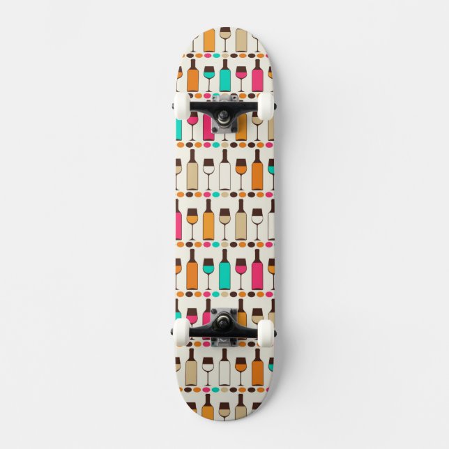 Retro wine bottles and glasses skateboard (Front)