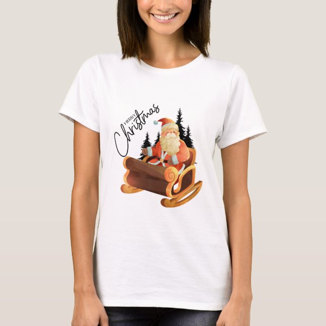 Retro Winking Santa Claus in Sleigh Artistic T-Shirt (Front)