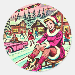 Retro Winter Christmas Comics Classic Round Sticker