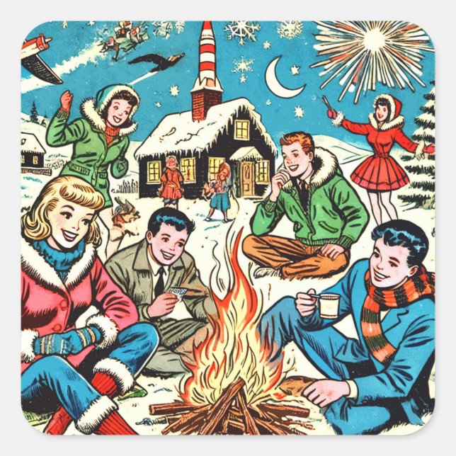 Retro Winter Comics Square Sticker (Front)
