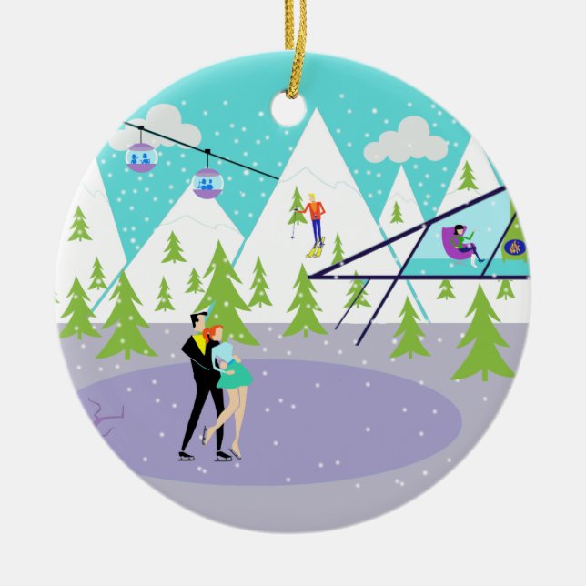 Retro Winter Ski Resort Christmas Ornament (Front)