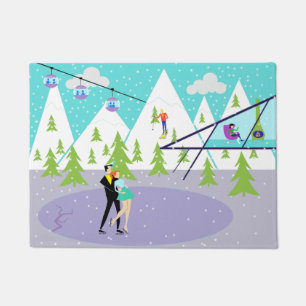 Retro Winter Ski Resort Door Mat