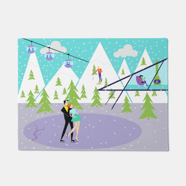 Retro Winter Ski Resort Door Mat (Front)