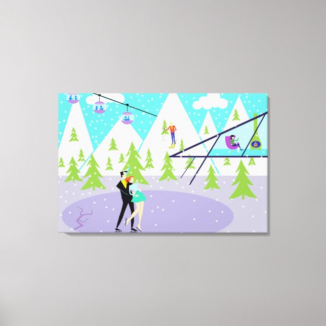 Retro Winter Ski Resort Stretched Canvas Print (Front)