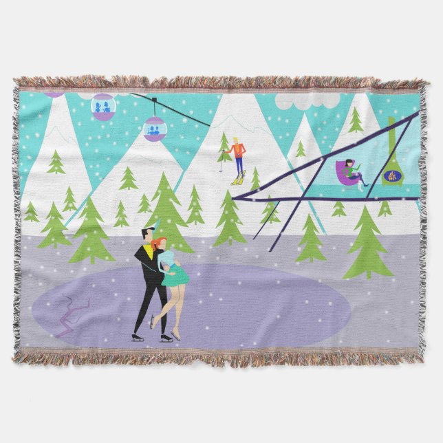Retro Winter Ski Resort Throw Blanket (Front)