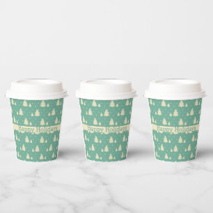 Retro Winter Trees on Turquoise With Text Band  Paper Cups