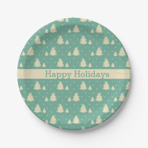 Retro Winter Trees on Turquoise With Text Band Paper Plate