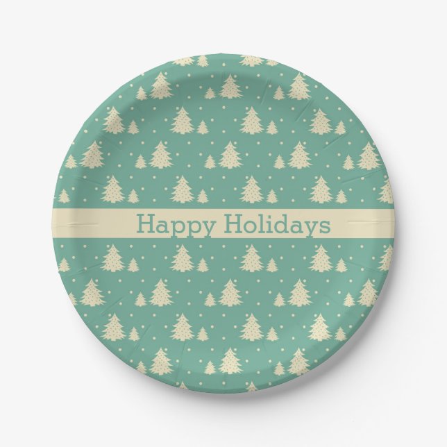 Retro Winter Trees on Turquoise With Text Band Paper Plate (Front)