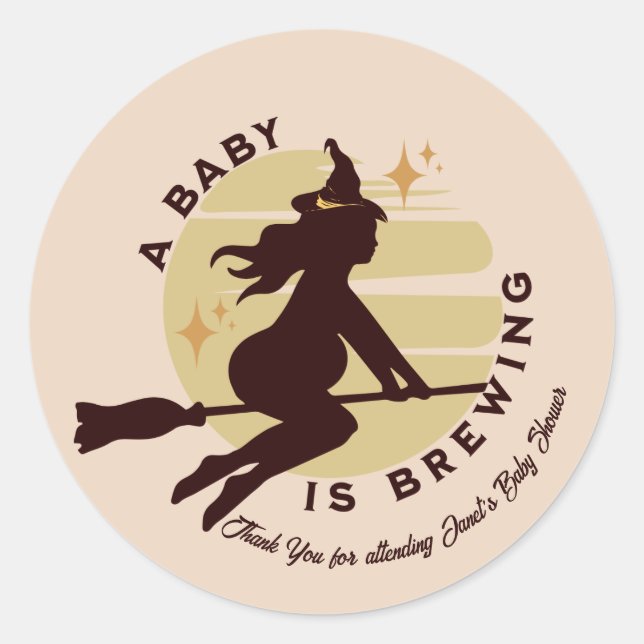 Retro Witch Baby is Brewing Baby Shower  Classic Round Sticker (Front)