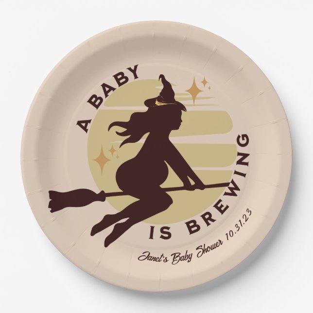 Retro Witch Baby is Brewing Baby Shower   Paper Plate (Front)