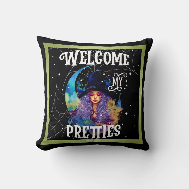 Retro Witch Beauty Halloween Throw Pillow (Front)