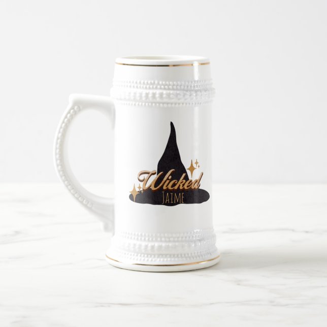 Retro Witch Hat Wicked Name   Beer Stein (Left)