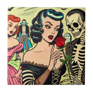 Retro Witch Vampire Girl Horror Comics Tile