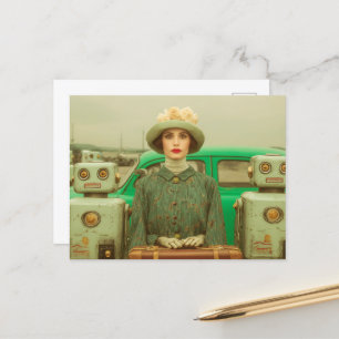 Retro Woman and Two Robots Postcard