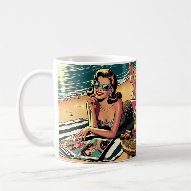 Retro Woman at Beach reading a Fashion Magazine Coffee Mug (Left)