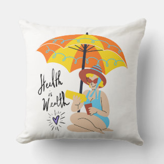 Retro Woman Beach Vacation & Health is Wealth Throw Pillow