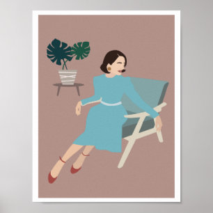 Retro Woman Blue Dress Armchair Monstera Art Poster