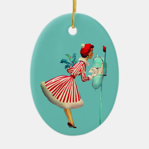 Retro Woman Checking Mail Ceramic Ornament