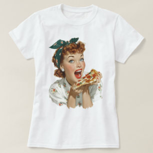 Retro Woman Enjoying Pizza Slice T-Shirt