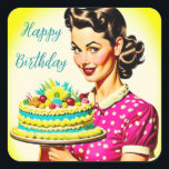 Retro Woman holding a Vintage Cake Husband's Bday Square Sticker<br><div class="desc">. Pretty lady in a vintage pink and white polka dot dress holding a vintage Hawaiian birthday cake.</div>