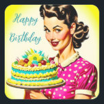 Retro Woman holding a Vintage Cake Husband's Bday Square Sticker<br><div class="desc">. Pretty lady in a vintage pink and white polka dot dress holding a vintage Hawaiian birthday cake.</div>
