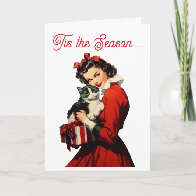 Retro Woman in Red & Cat Warm Hugs  Holiday Card (Front)